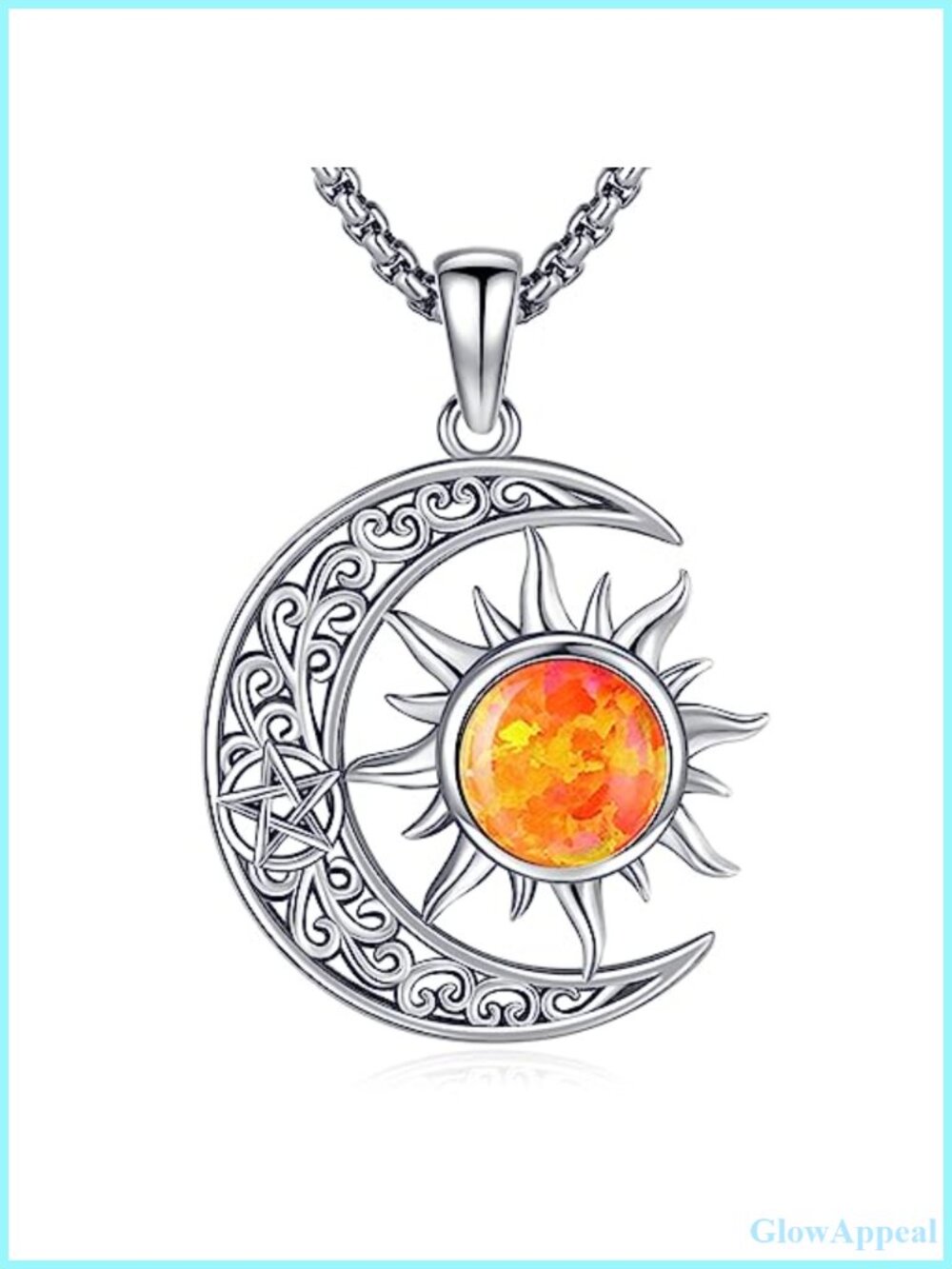 Sterling Silver Sun Moon Pentagram Opal Pendant Necklace Wiccan Pagan Amulet